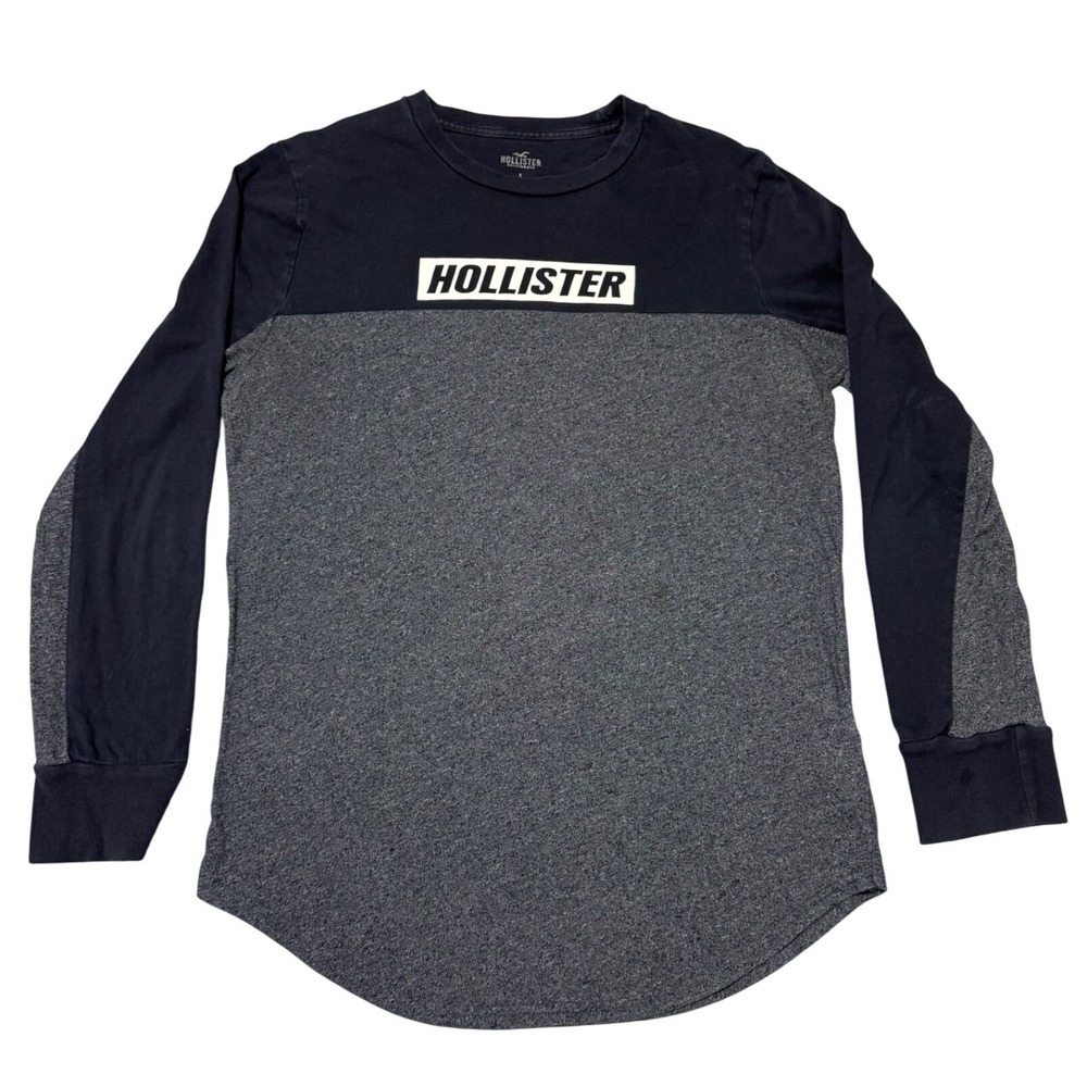 Hollister Long Sleeve Graphic Tee Navy Grey Colorblock Curved Hem S Skater Y2K